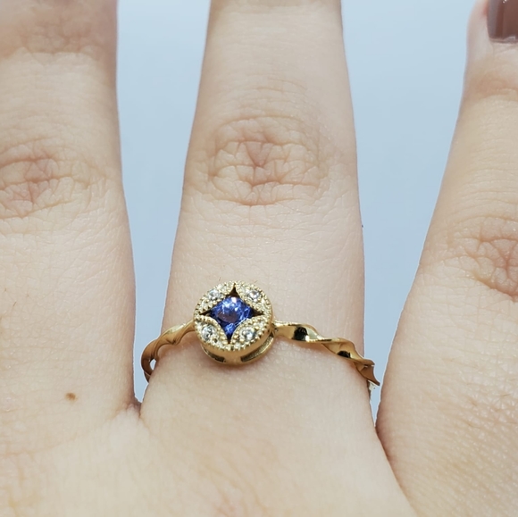 14k Yellow Gold Ring Eternity Band with Tanzanite Stone and 4 Diamonds 1.5mm
